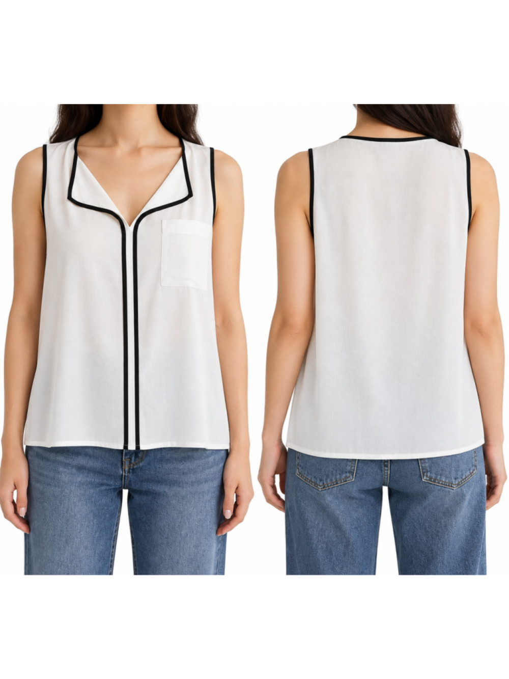ZARA WOMAN White Blouse Top S Sleeveless V Neck Collared Black Piping Trim NWOT